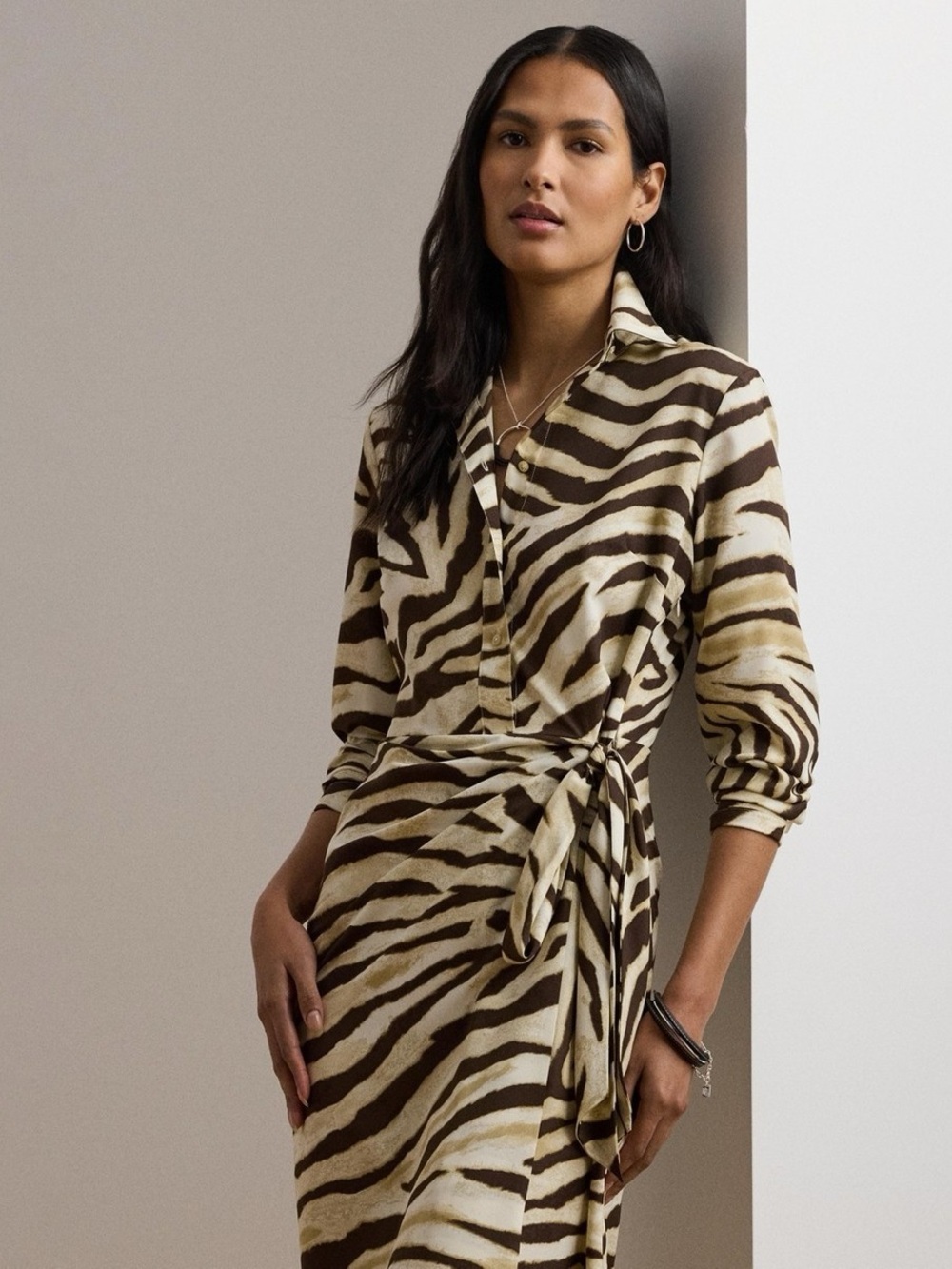 NWT 🆕Lauren Ralph Lauren Zebra-Print Tie-Front Crepe Shirtdress Brown Size 10P
